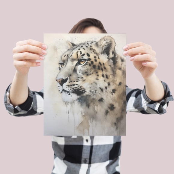 Watercolor Snow Leopard Portrait Wall Art Illustration Print Poster Unframed - Picture 4 of 5